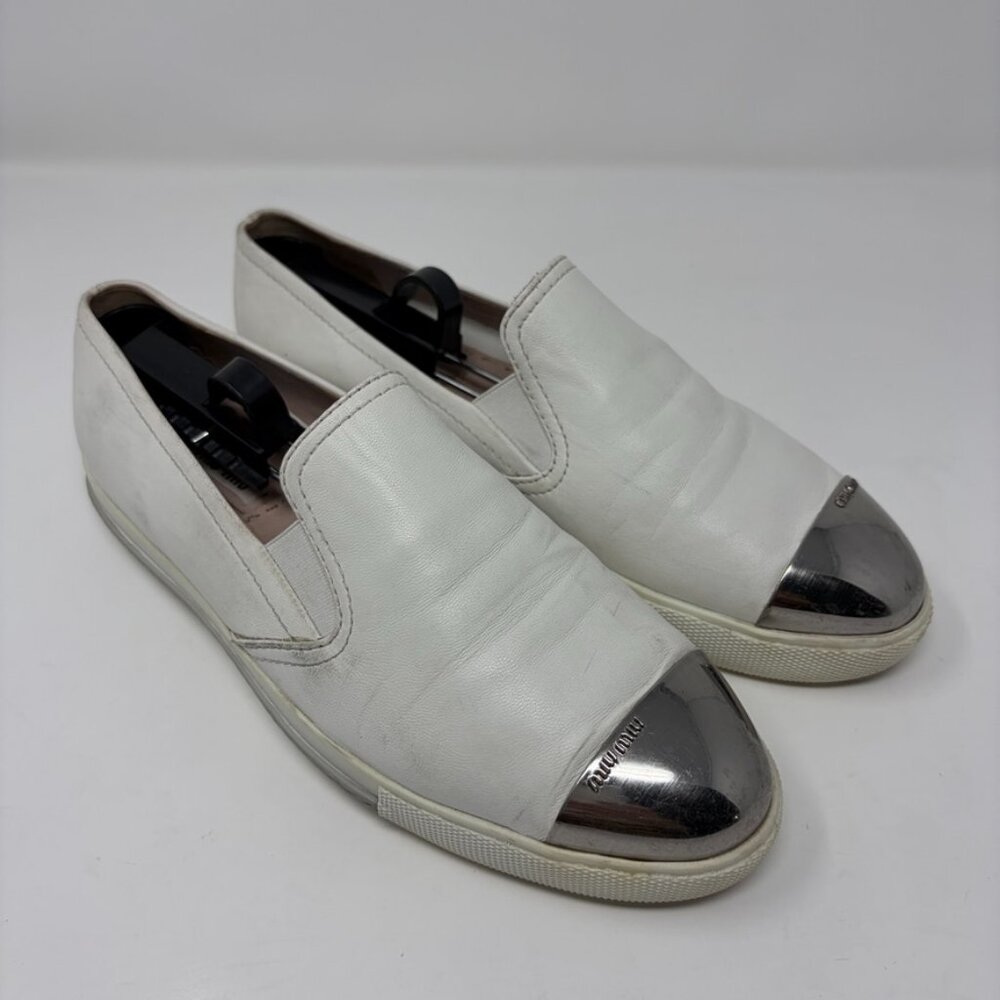 Miu Miu Metal Cap Toe Slip-On Sneakers Womens 38 1/2 - 8.5 US White Leather